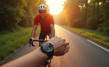 Eine helle, sonnendurchflutete Szene zeigt einen leidenschaftlichen Radfahrer auf einer ruhigen Landstraße, der entspannt auf seine elegante Huawei Watch GT 6 am Handgelenk blickt, während die natürliche Umgebung mit frischem Grün und warmen Farbtönen eine freundliche Atmosphäre voller Zuversicht und Innovation vermittelt.