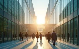 Ein sonnendurchfluteter, moderner Rechenzentrumscampus in Osaka, dessen glasverkleidete Gebäude in natürlichem Licht warm erstrahlen, während im Vordergrund Mitarbeitende in lockerer, dynamischer Atmosphäre konzentriert gemeinsam an digitalen Innovationen arbeiten – ein Symbol für Japans zukunftsweisende IT-Infrastruktur und nachhaltige Technologieförderung.