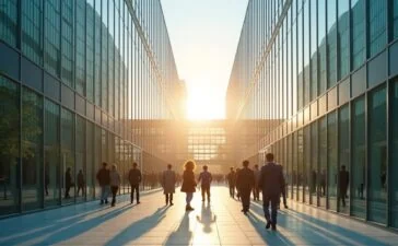 Ein sonnendurchfluteter, moderner Rechenzentrumscampus in Osaka, dessen glasverkleidete Gebäude in natürlichem Licht warm erstrahlen, während im Vordergrund Mitarbeitende in lockerer, dynamischer Atmosphäre konzentriert gemeinsam an digitalen Innovationen arbeiten – ein Symbol für Japans zukunftsweisende IT-Infrastruktur und nachhaltige Technologieförderung.