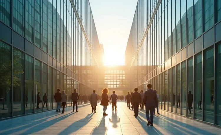 Ein sonnendurchfluteter, moderner Rechenzentrumscampus in Osaka, dessen glasverkleidete Gebäude in natürlichem Licht warm erstrahlen, während im Vordergrund Mitarbeitende in lockerer, dynamischer Atmosphäre konzentriert gemeinsam an digitalen Innovationen arbeiten – ein Symbol für Japans zukunftsweisende IT-Infrastruktur und nachhaltige Technologieförderung.