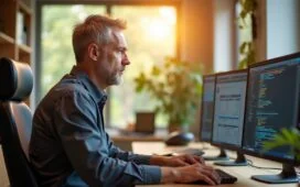 Ein sonnendurchflutetes, modernes Büro mit einem konzentrierten IT-Administrator mittleren Alters, der an mehreren Bildschirmen die Sicherheit von Serversystemen prüft, umgeben von natürlichen Holzmöbeln und warmem Tageslicht, das eine Atmosphäre von Zuversicht und verantwortungsbewusstem Handeln schafft.