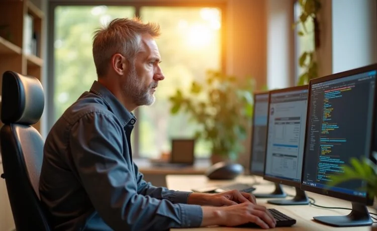 Ein sonnendurchflutetes, modernes Büro mit einem konzentrierten IT-Administrator mittleren Alters, der an mehreren Bildschirmen die Sicherheit von Serversystemen prüft, umgeben von natürlichen Holzmöbeln und warmem Tageslicht, das eine Atmosphäre von Zuversicht und verantwortungsbewusstem Handeln schafft.