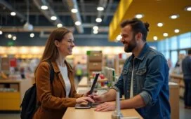 Helles, natürlich beleuchtetes Foto eines modernen Ikea-Marktes mit freundlichen Kunden an einer Selbstbedienungskasse, dezent platzierte Überwachungskameras an der Decke, die warmes Licht auf die Szene werfen und subtil das Thema Datenschutz und Kontrolle im Alltag visualisieren.
