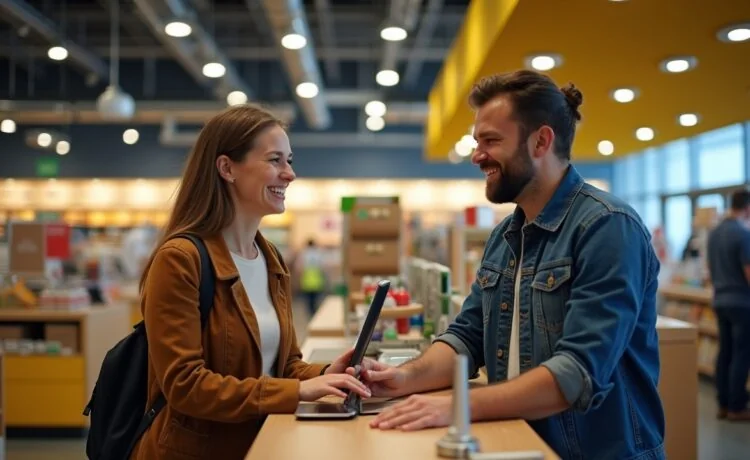 Helles, natürlich beleuchtetes Foto eines modernen Ikea-Marktes mit freundlichen Kunden an einer Selbstbedienungskasse, dezent platzierte Überwachungskameras an der Decke, die warmes Licht auf die Szene werfen und subtil das Thema Datenschutz und Kontrolle im Alltag visualisieren.