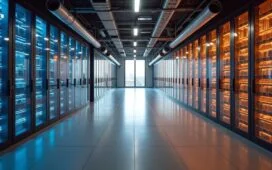 In einem lichtdurchfluteten, modernen Rechenzentrum offenbart sich in warmen, natürlichen Farbtönen eine hochmoderne Kühltechnik: klare Wasserkreisläufe, Lüfter und Sensoren fügen sich harmonisch in die sachliche, doch einladende Atmosphäre eines zukunftsorientierten Innovationsraums, der die Balance zwischen Umweltbewusstsein und digitaler Leistungsfähigkeit visuell greifbar macht.