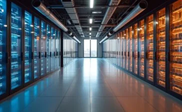 In einem lichtdurchfluteten, modernen Rechenzentrum offenbart sich in warmen, natürlichen Farbtönen eine hochmoderne Kühltechnik: klare Wasserkreisläufe, Lüfter und Sensoren fügen sich harmonisch in die sachliche, doch einladende Atmosphäre eines zukunftsorientierten Innovationsraums, der die Balance zwischen Umweltbewusstsein und digitaler Leistungsfähigkeit visuell greifbar macht.