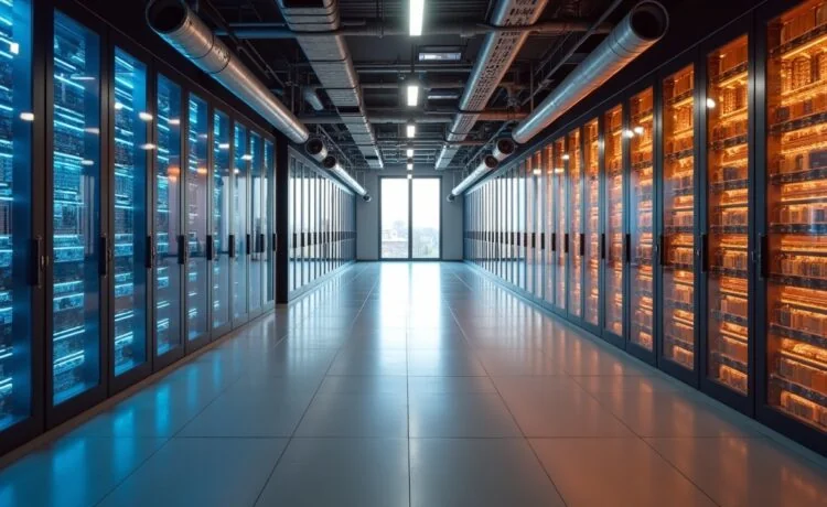 In einem lichtdurchfluteten, modernen Rechenzentrum offenbart sich in warmen, natürlichen Farbtönen eine hochmoderne Kühltechnik: klare Wasserkreisläufe, Lüfter und Sensoren fügen sich harmonisch in die sachliche, doch einladende Atmosphäre eines zukunftsorientierten Innovationsraums, der die Balance zwischen Umweltbewusstsein und digitaler Leistungsfähigkeit visuell greifbar macht.