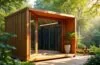 Ein hell erleuchteter, moderner Holz-Container mit transparenter Tür, der im warmen Tageslicht offensteht und einen hochmodernen Serverraum mit glänzenden technischen Komponenten zeigt, eingebettet in eine naturnahe, freundliche Umgebung voller grüner Pflanzen und sanfter Holztöne.
