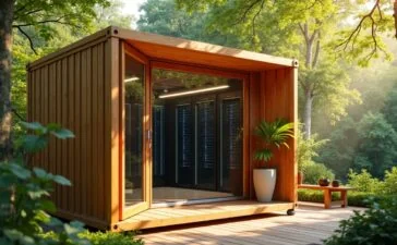 Ein hell erleuchteter, moderner Holz-Container mit transparenter Tür, der im warmen Tageslicht offensteht und einen hochmodernen Serverraum mit glänzenden technischen Komponenten zeigt, eingebettet in eine naturnahe, freundliche Umgebung voller grüner Pflanzen und sanfter Holztöne.