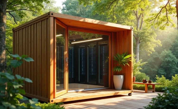 Ein hell erleuchteter, moderner Holz-Container mit transparenter Tür, der im warmen Tageslicht offensteht und einen hochmodernen Serverraum mit glänzenden technischen Komponenten zeigt, eingebettet in eine naturnahe, freundliche Umgebung voller grüner Pflanzen und sanfter Holztöne.