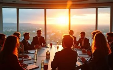 Ein heller, sonnendurchfluteter Konferenzraum mit globalen Forschern vielfältiger Herkunft in regem Austausch vor einem großflächigen Panoramafenster, das sanft das futuristische ITER-Fusionsreaktor-Modell im Südfrankreich zeigt – eine warme Atmosphäre von Kompetenz, Vertrauen und internationaler Zusammenarbeit trotz geopolitischer Herausforderungen.