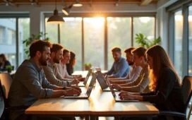 Strahlend beleuchtetes, modernes Büro mit dynamischem Team aus vielfältigen europäischen Fachleuten, die in entspannter, inspirierender Atmosphäre an vernetzten Laptops und Tablets gemeinsam an zukunftsweisender Cloud-Technologie arbeiten, umgeben von natürlichem Tageslicht und warmen Holzelementen, die den Geist von Innovation, Zusammenarbeit und digitaler Souveränität lebendig einfangen.