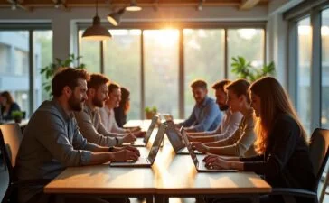 Strahlend beleuchtetes, modernes Büro mit dynamischem Team aus vielfältigen europäischen Fachleuten, die in entspannter, inspirierender Atmosphäre an vernetzten Laptops und Tablets gemeinsam an zukunftsweisender Cloud-Technologie arbeiten, umgeben von natürlichem Tageslicht und warmen Holzelementen, die den Geist von Innovation, Zusammenarbeit und digitaler Souveränität lebendig einfangen.