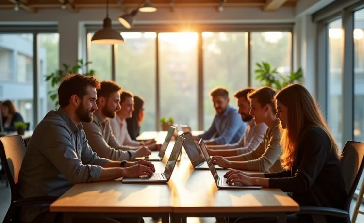 Strahlend beleuchtetes, modernes Büro mit dynamischem Team aus vielfältigen europäischen Fachleuten, die in entspannter, inspirierender Atmosphäre an vernetzten Laptops und Tablets gemeinsam an zukunftsweisender Cloud-Technologie arbeiten, umgeben von natürlichem Tageslicht und warmen Holzelementen, die den Geist von Innovation, Zusammenarbeit und digitaler Souveränität lebendig einfangen.