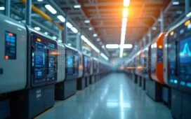 Ein helles, modernes Industrieumfeld mit vernetzten Maschinen, die durch OLED-Sensoren und transparente Displays Echtzeitdaten austauschen, umgeben von warmen Tageslichtstrahlen, die eine Atmosphäre von Innovation, Fortschritt und menschlicher Zusammenarbeit vermitteln.