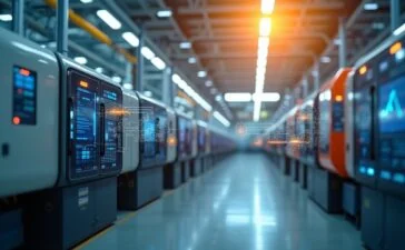 Ein helles, modernes Industrieumfeld mit vernetzten Maschinen, die durch OLED-Sensoren und transparente Displays Echtzeitdaten austauschen, umgeben von warmen Tageslichtstrahlen, die eine Atmosphäre von Innovation, Fortschritt und menschlicher Zusammenarbeit vermitteln.