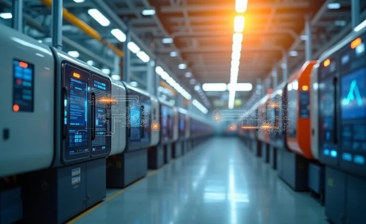 Ein helles, modernes Industrieumfeld mit vernetzten Maschinen, die durch OLED-Sensoren und transparente Displays Echtzeitdaten austauschen, umgeben von warmen Tageslichtstrahlen, die eine Atmosphäre von Innovation, Fortschritt und menschlicher Zusammenarbeit vermitteln.