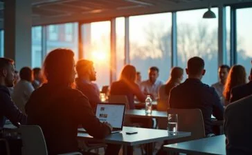 Ein heller, einladender Konferenzraum voller dynamischer Technologie-Experten in angeregtem Austausch vor großen, lichtdurchfluteten Fenstern, die modernste IT-Geräte und nachhaltige Innovationen in einem freundlichen, warmen Ambiente zeigen.