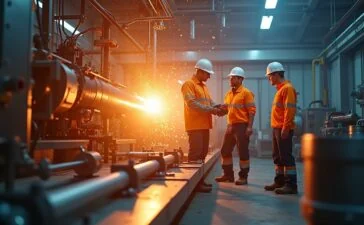 Eine dynamische Aufnahme eines internationalen Forscherteams in moderner Laborumgebung, das bei sonnendurchfluteten, warmen Lichtverhältnissen konzentriert an großen, komplexen Magnetkomponenten für den Fusionsreaktor arbeitet und so die Hoffnung auf saubere Energie durch globale Zusammenarbeit in herausfordernden Zeiten symbolisiert.