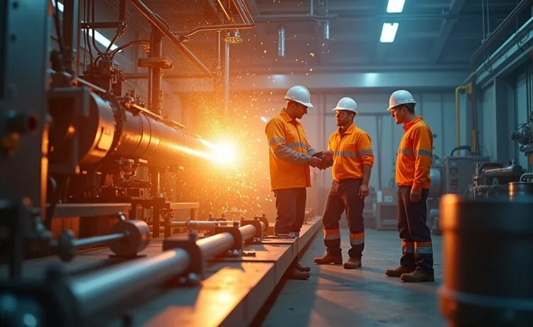 Eine dynamische Aufnahme eines internationalen Forscherteams in moderner Laborumgebung, das bei sonnendurchfluteten, warmen Lichtverhältnissen konzentriert an großen, komplexen Magnetkomponenten für den Fusionsreaktor arbeitet und so die Hoffnung auf saubere Energie durch globale Zusammenarbeit in herausfordernden Zeiten symbolisiert.