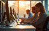 In einem hell erleuchteten, modernen Büro mit natürlichem Tageslicht sitzen motivierte IT-Sicherheitsfachkräfte verschiedener Altersgruppen und Hintergründe konzentriert an Laptops und Serverracks, während warme Sonnenstrahlen durch große Fenster fallen und eine einladende, kollegiale Atmosphäre voller Zukunftschancen schaffen.