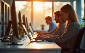 In einem hell erleuchteten, modernen Büro mit natürlichem Tageslicht sitzen motivierte IT-Sicherheitsfachkräfte verschiedener Altersgruppen und Hintergründe konzentriert an Laptops und Serverracks, während warme Sonnenstrahlen durch große Fenster fallen und eine einladende, kollegiale Atmosphäre voller Zukunftschancen schaffen.