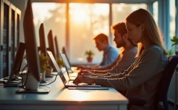 In einem hell erleuchteten, modernen Büro mit natürlichem Tageslicht sitzen motivierte IT-Sicherheitsfachkräfte verschiedener Altersgruppen und Hintergründe konzentriert an Laptops und Serverracks, während warme Sonnenstrahlen durch große Fenster fallen und eine einladende, kollegiale Atmosphäre voller Zukunftschancen schaffen.