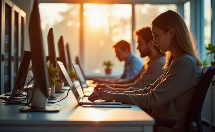 In einem hell erleuchteten, modernen Büro mit natürlichem Tageslicht sitzen motivierte IT-Sicherheitsfachkräfte verschiedener Altersgruppen und Hintergründe konzentriert an Laptops und Serverracks, während warme Sonnenstrahlen durch große Fenster fallen und eine einladende, kollegiale Atmosphäre voller Zukunftschancen schaffen.