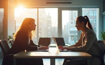 Ein lichtdurchflutetes modernes Büro mit einem konzentrierten Team aus vielseitigen Fachleuten, die gemeinsam an Laptops und Tablet-PCs über innovative Bankensoftware beraten, umgeben von warmem Tageslicht und einem inspirierenden, aufgeräumten Design, das Fortschritt und digitale Transformation symbolisiert.