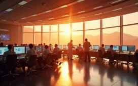 Ein strahlend sonnendurchflutetes Kontrollzentrum mit fokussierten Wissenschaftlern, die vor Bildschirmen komplexe Marsdaten und KI-Analysen betrachten, während durch große Fenster warme Tageslichtstrahlen fallen und eine Atmosphäre von Hoffnung und Forschergeist schaffen.