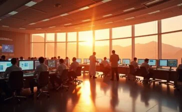 Ein strahlend sonnendurchflutetes Kontrollzentrum mit fokussierten Wissenschaftlern, die vor Bildschirmen komplexe Marsdaten und KI-Analysen betrachten, während durch große Fenster warme Tageslichtstrahlen fallen und eine Atmosphäre von Hoffnung und Forschergeist schaffen.