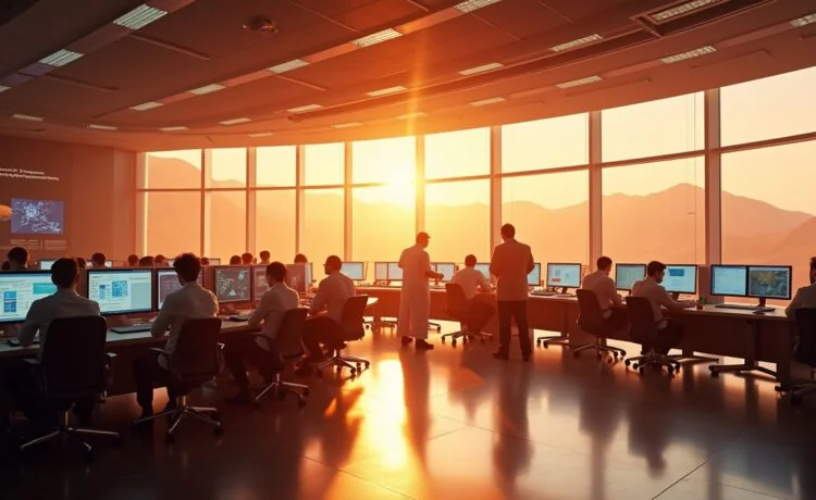 Ein strahlend sonnendurchflutetes Kontrollzentrum mit fokussierten Wissenschaftlern, die vor Bildschirmen komplexe Marsdaten und KI-Analysen betrachten, während durch große Fenster warme Tageslichtstrahlen fallen und eine Atmosphäre von Hoffnung und Forschergeist schaffen.