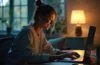 Eine helle, einladende Büroszene mit einer lächelnden Person vor einem modernen Laptop, umgeben von natürlichem Tageslicht und subtiler Technologie, die konzentrierte Neugier und die Zukunft der KI-gestützten Browsernutzung ausstrahlt.