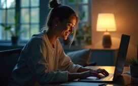 Eine helle, einladende Büroszene mit einer lächelnden Person vor einem modernen Laptop, umgeben von natürlichem Tageslicht und subtiler Technologie, die konzentrierte Neugier und die Zukunft der KI-gestützten Browsernutzung ausstrahlt.