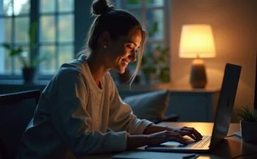 Eine helle, einladende Büroszene mit einer lächelnden Person vor einem modernen Laptop, umgeben von natürlichem Tageslicht und subtiler Technologie, die konzentrierte Neugier und die Zukunft der KI-gestützten Browsernutzung ausstrahlt.