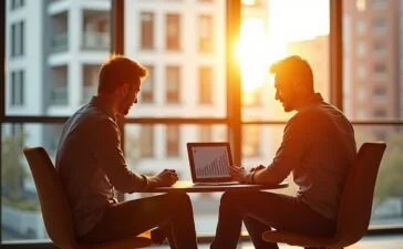 In einem modernen, lichtdurchfluteten Büro sitzen zwei Personen entspannt bei der gemeinsamen Analyse auf einem Laptop, während warme Sonnenstrahlen durch große Fenster fallen und eine Atmosphäre von Offenheit, Vertrauen und digitaler Vernetzung schaffen.
