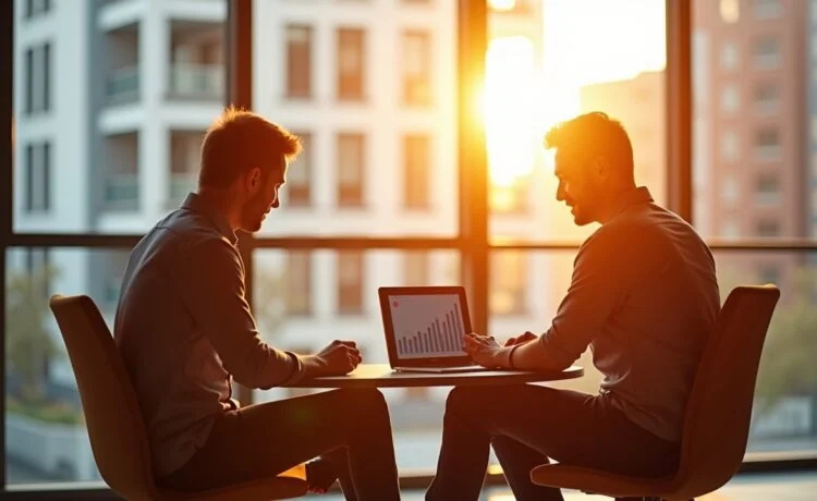 In einem modernen, lichtdurchfluteten Büro sitzen zwei Personen entspannt bei der gemeinsamen Analyse auf einem Laptop, während warme Sonnenstrahlen durch große Fenster fallen und eine Atmosphäre von Offenheit, Vertrauen und digitaler Vernetzung schaffen.