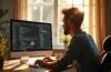 Ein strahlendes, natürlich beleuchtetes Büro mit einem entspannten Entwickler, der konzentriert vor einem modernen Bildschirm voller Code und geöffnetem Chatfenster sitzt, während warme Sonnenstrahlen den Raum durchfluten und eine freundliche, produktive Atmosphäre schaffen.
