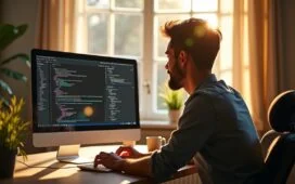 Ein strahlendes, natürlich beleuchtetes Büro mit einem entspannten Entwickler, der konzentriert vor einem modernen Bildschirm voller Code und geöffnetem Chatfenster sitzt, während warme Sonnenstrahlen den Raum durchfluten und eine freundliche, produktive Atmosphäre schaffen.