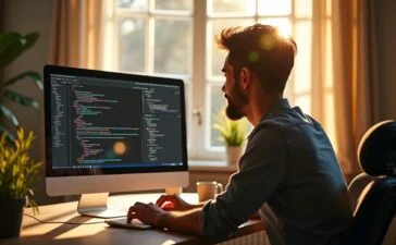 Ein strahlendes, natürlich beleuchtetes Büro mit einem entspannten Entwickler, der konzentriert vor einem modernen Bildschirm voller Code und geöffnetem Chatfenster sitzt, während warme Sonnenstrahlen den Raum durchfluten und eine freundliche, produktive Atmosphäre schaffen.
