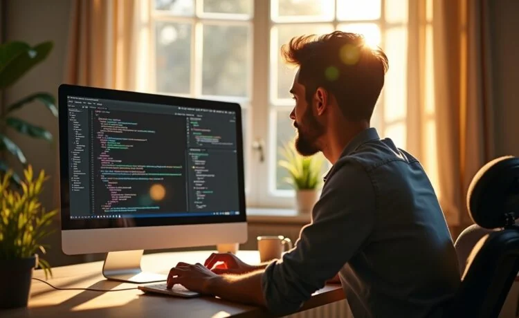 Ein strahlendes, natürlich beleuchtetes Büro mit einem entspannten Entwickler, der konzentriert vor einem modernen Bildschirm voller Code und geöffnetem Chatfenster sitzt, während warme Sonnenstrahlen den Raum durchfluten und eine freundliche, produktive Atmosphäre schaffen.