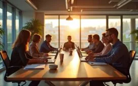 In einem modernen, lichtdurchfluteten Büro mit offenem Raum sitzen diverse Fachleute entspannt um einen großen Holztisch, konzentriert diskutierend und mit digitalen Geräten umgeben, während natürliche Sonnenstrahlen durch die Fenster scheinen und eine warme, inspirierende Atmosphäre schaffen – ein lebendiges Bild der fortschrittlichen KI-Zukunft im Jahr 2025.