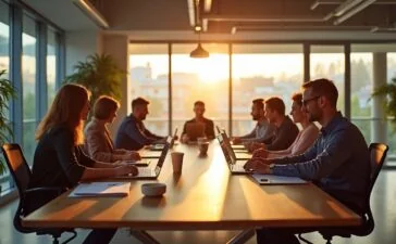 In einem modernen, lichtdurchfluteten Büro mit offenem Raum sitzen diverse Fachleute entspannt um einen großen Holztisch, konzentriert diskutierend und mit digitalen Geräten umgeben, während natürliche Sonnenstrahlen durch die Fenster scheinen und eine warme, inspirierende Atmosphäre schaffen – ein lebendiges Bild der fortschrittlichen KI-Zukunft im Jahr 2025.