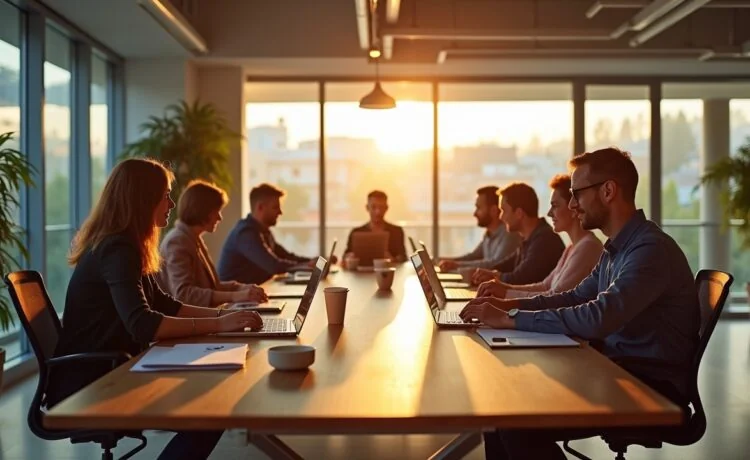 In einem modernen, lichtdurchfluteten Büro mit offenem Raum sitzen diverse Fachleute entspannt um einen großen Holztisch, konzentriert diskutierend und mit digitalen Geräten umgeben, während natürliche Sonnenstrahlen durch die Fenster scheinen und eine warme, inspirierende Atmosphäre schaffen – ein lebendiges Bild der fortschrittlichen KI-Zukunft im Jahr 2025.