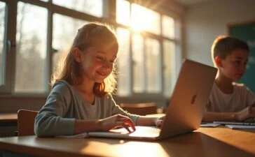 In einem hell erleuchteten Klassenraum sitzt eine aufmerksame Schülerin mit leichtem Lächeln vor ihrem Laptop, während sanftes Tageslicht durch große Fenster fällt und die warme Atmosphäre von Neugier und verantwortungsvollem Umgang mit moderner KI-Technologie im Schulalltag einfängt.