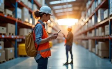 Ein lichtdurchfluteter, moderner Großhandelslagerraum, in dem freundliche Mitarbeiter*innen mit Tablets und automatisierten Robotikfahrzeugen kooperieren, dabei lebendige Mensch-Technik-Interaktion in einem hellen, warmen, authentischen Umfeld zeigen und so zukunftsweisende KI-gestützte Prozesse im Wandel der Branche visualisieren.