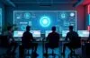 Ein hell erleuchtetes Entwicklerstudio, in dem ein Team konzentriert und mit freundlicher Atmosphäre an modernen Computern arbeitet, umgeben von kreativen Skizzen und High-Tech-Displays, die den innovativen Einsatz von Künstlicher Intelligenz in der Spieleentwicklung symbolisieren.