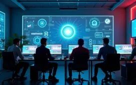 Ein hell erleuchtetes Entwicklerstudio, in dem ein Team konzentriert und mit freundlicher Atmosphäre an modernen Computern arbeitet, umgeben von kreativen Skizzen und High-Tech-Displays, die den innovativen Einsatz von Künstlicher Intelligenz in der Spieleentwicklung symbolisieren.