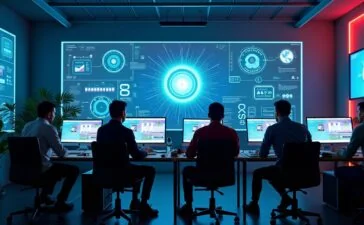 Ein hell erleuchtetes Entwicklerstudio, in dem ein Team konzentriert und mit freundlicher Atmosphäre an modernen Computern arbeitet, umgeben von kreativen Skizzen und High-Tech-Displays, die den innovativen Einsatz von Künstlicher Intelligenz in der Spieleentwicklung symbolisieren.