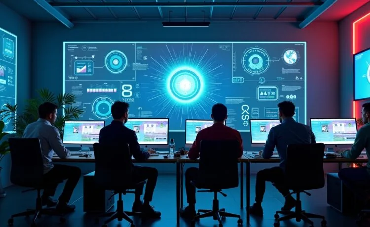 Ein hell erleuchtetes Entwicklerstudio, in dem ein Team konzentriert und mit freundlicher Atmosphäre an modernen Computern arbeitet, umgeben von kreativen Skizzen und High-Tech-Displays, die den innovativen Einsatz von Künstlicher Intelligenz in der Spieleentwicklung symbolisieren.